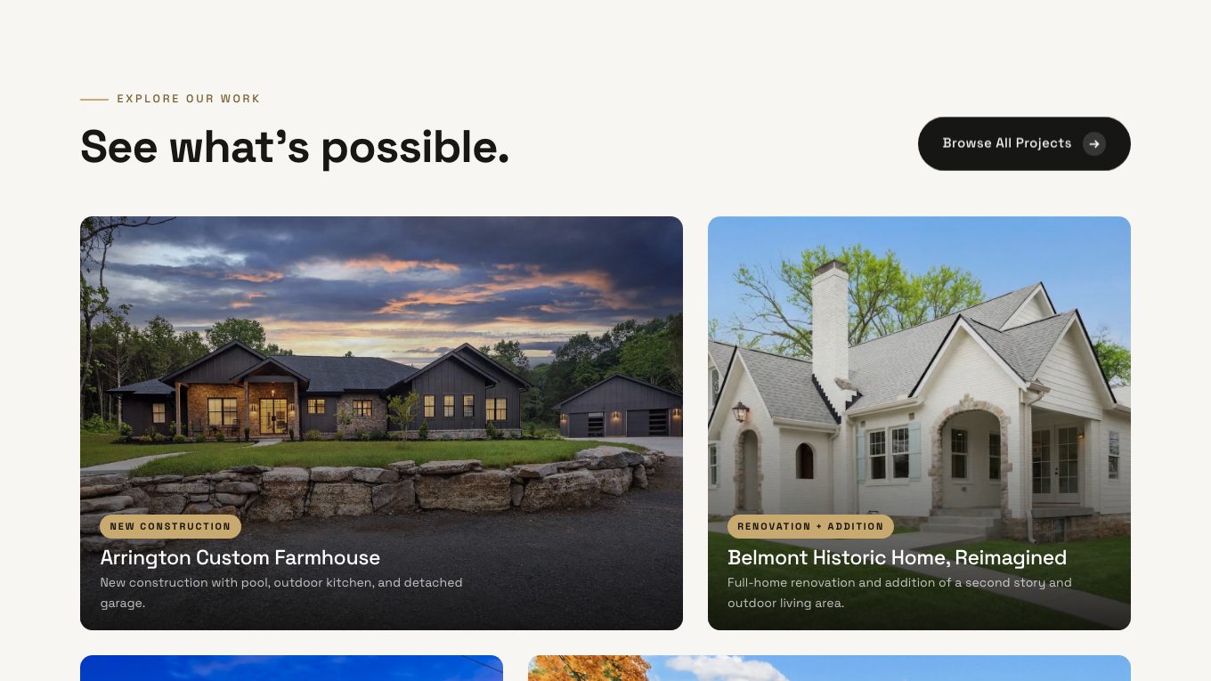 The projects section of the new homepage